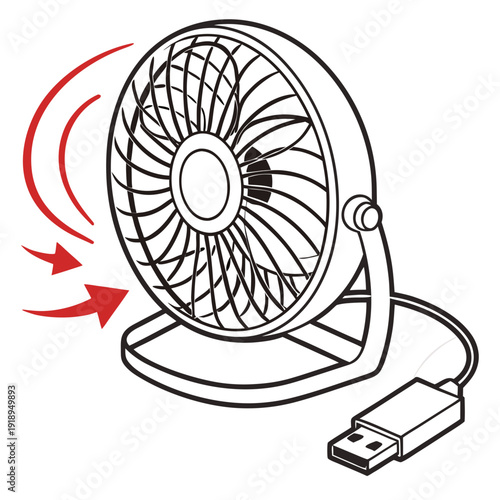 Small USB desk fan with red arrows indicating airflow, perfect for personal cooling and ventilation in compact spaces.