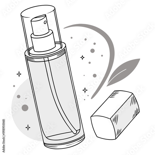 Abstract illustration of a cosmetic spray bottle with a dispenser, surrounded by sparkling elements and abstract shapes for beauty and skincare themes.