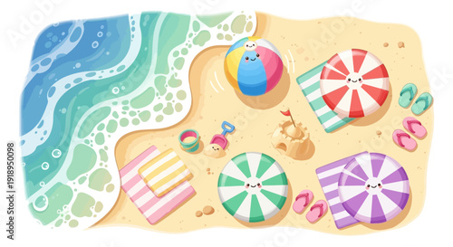 Colorful beach scene with umbrellas and beach balls on sandy shore.