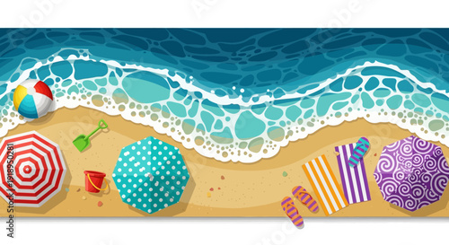 Colorful beach scene with umbrellas and beach balls on sandy shore.