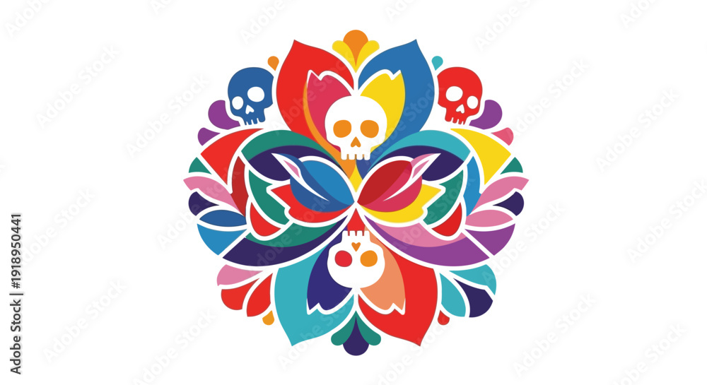 Fototapeta premium Vibrant Floral Mandala with Skulls and Leaves Design.