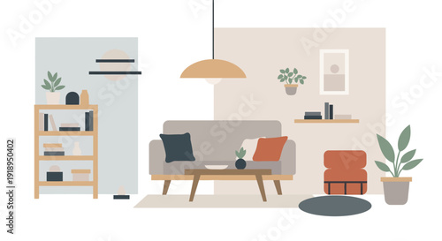 Cozy modern living room interior with furniture and decor.