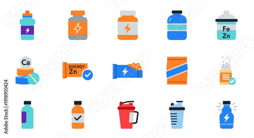 Collection of Sports Drink Bottles and Electrolyte Supplements Icons.