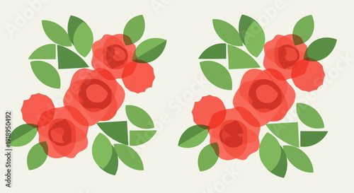 Illustration of red roses with green leaves in a floral arrangement.
