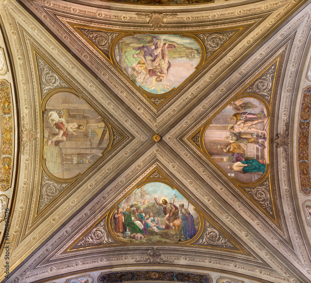 Obraz premium NOVARA, ITALY - JANUARY 15, 2026: The frescoes from the life of St. John the Baptist in the church Chiesa di San Giovanni Decolato by Paolo Giovanni Crida (1958).