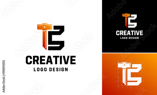 Creative stylish hammer with combined letter C concept logo design, Abstract equipment construction work tool handyman minimalist vector design