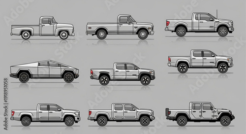 Collection of Various Pickup Trucks and Utility Vehicles.