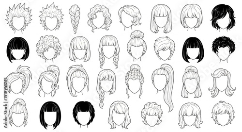 Collection of Diverse Hand Drawn Hairstyles for Women.