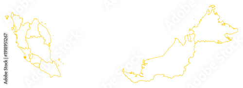 Yellow Outline Malaysia Map with District Borders Asian Country
