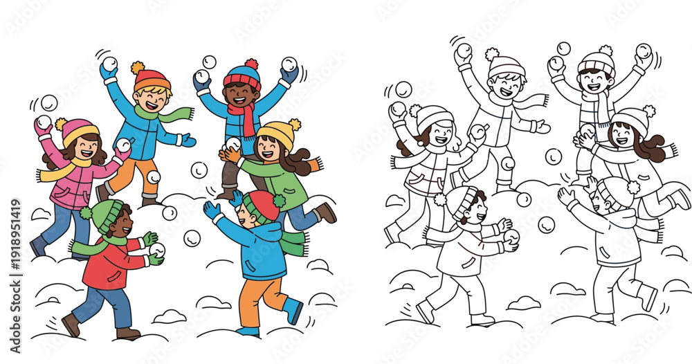 Naklejka premium Vector illustration of diverse happy children playing a snowball fight in winter with color and black and white outline coloring page versions.