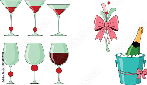 Elegant Wine and Champagne Glass Set with Green Bottle in Ice Bucket and Pink Bows for Party Invitations, New Year Celebrations, and Luxury Event Branding