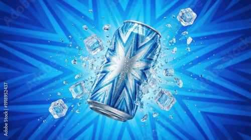 A can of soda with ice cubes exploding out of it