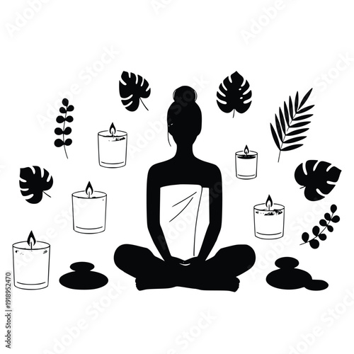 Serene woman meditating peacefully surrounded by candles and leaves in a soothing minimalist environment promoting relaxation and calmness.