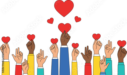 Diverse Multiracial Hands Holding Red Hearts for Charity, Community Support, Volunteerism, Social Media Likes, and Global Connection Concept Vector Illustration