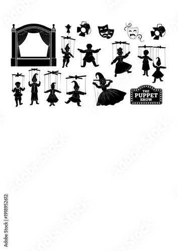 Puppet Theater Vector Set - Black Silhouette Illustrations, Stage Show Graphics, Marionette , Theatrical Performance Design Elements