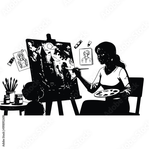 Female artist intensely working on a vibrant painting with a palette in her hand surrounded by creative art supplies and reference images on a clean white background.
