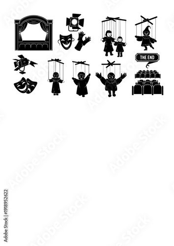 Puppet Theater Vector Set - Black Silhouette Illustrations, Stage Show Graphics, Marionette , Theatrical Performance Design Elements