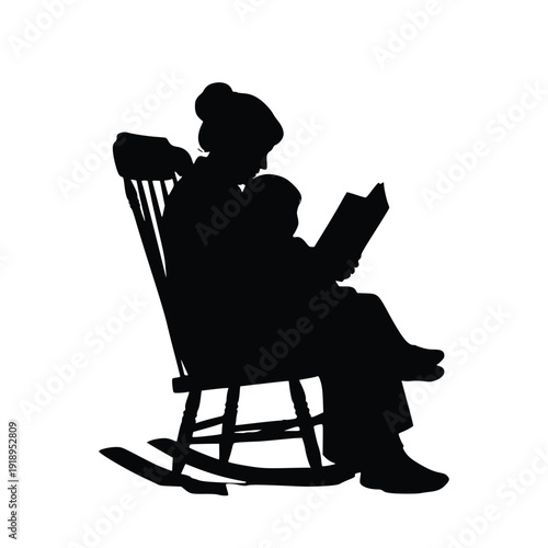 Silhouette of a person sitting comfortably in a rocking chair reading a book with a relaxed expression.
