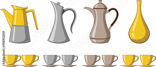 Modern Kitchenware Collection with Coffee Pots Tea Kettles and Matching Cup Sets in Yellow and Silver for Cafe Branding Home Decor and Breakfast Menus