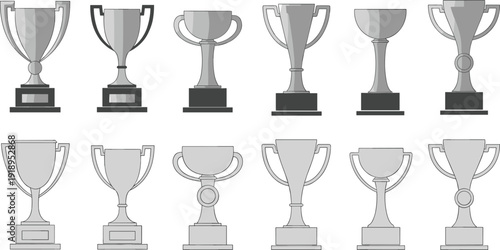 Set of Twelve Silver Trophy Cup Icons for Sports Championship Awards Academic Achievement Recognition Competition Winners and Professional Business Success Celebration Vector Illustrations
