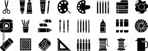 Art and school supplies silhouette icon set, scissors, pencils, paint palette, markers, glue, crayons, vector illustration