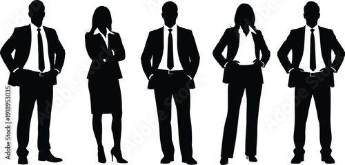 Business professionals silhouette illustration, corporate team, office attire, suits, skirts, workplace identity, vector artwork