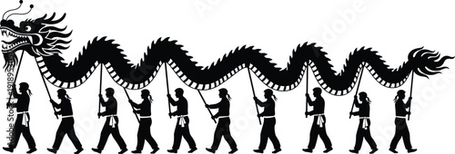 Chinese dragon dance silhouette illustration, cultural festival, New Year celebration, traditional performance, good luck, prosperity, vector artwork