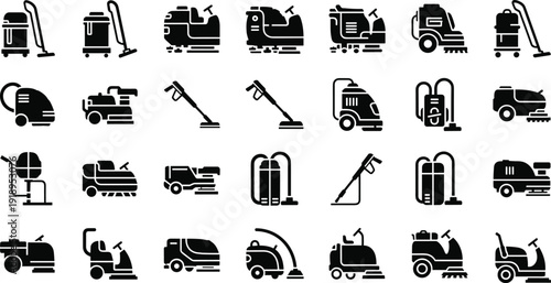 Cleaning equipment icon set, vacuum cleaners, floor scrubbers, pressure washers, industrial cleaning machines, janitorial services, vector illustration