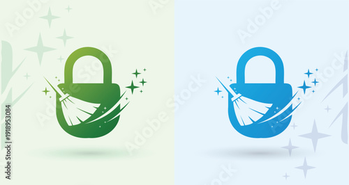    Padlock Sparkle Swoosh Cleaning Logo Security Hygiene Protection Service Modern Brand Icon
