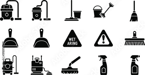 Cleaning tools silhouette icon set, vacuum, mop, broom, dustpan, spray bottle, caution sign, janitorial equipment, vector illustration