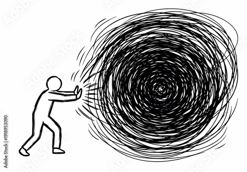 Person pushing away a large, chaotic black vortex representing an overwhelming problem or negative emotion
