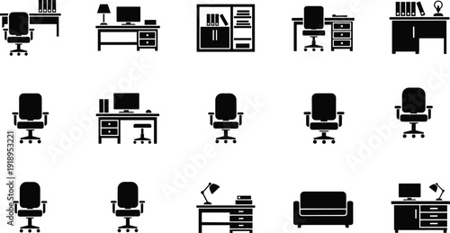 Office furniture silhouette icon set, chairs, desks, computers, lamps, shelving units, workplace design, vector illustration