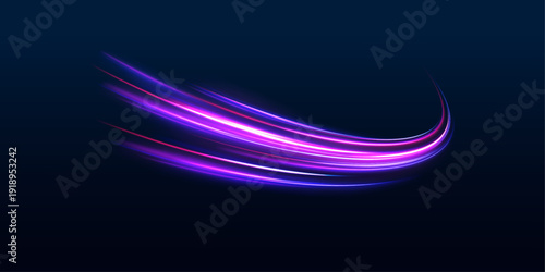 Futuristic city road glows under a dark sky. Laser light forms a single motion line with intense speed and energy direction. Neon traffic trail composition created in vector, sport race.