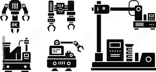 Robotics icon set, industrial automation, robotic arms, humanoid robot, factory machinery, high-tech workstation, vector illustration