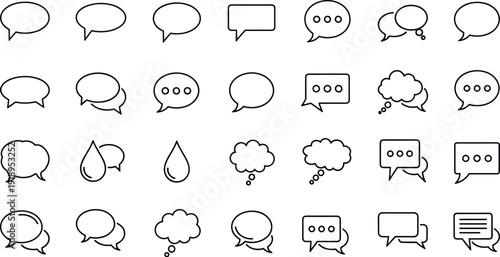 Speech and thought bubble icon set, comic dialogue, communication symbols, graphic design elements, vector illustration