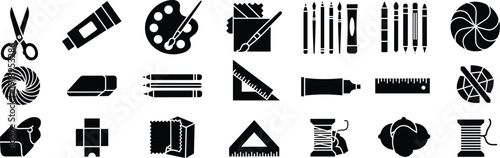 Art and craft supplies silhouette icon set, scissors, pencils, paint palette, brushes, yarn, thread, ruler, vector illustration