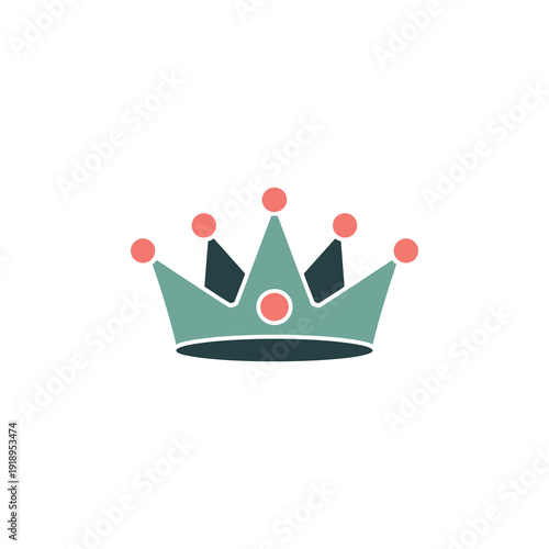 Simple green crown icon with red jewels on white background