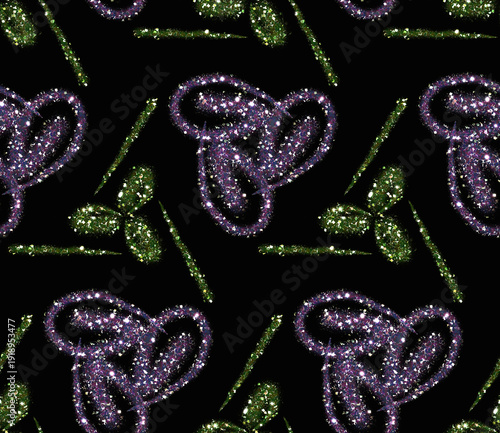 Seamless pattern with glittering purple Celtic knots and green shamrocks
