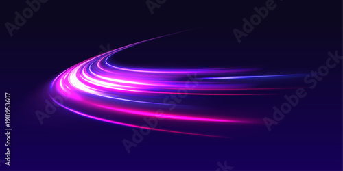 Laser energy line stretches across a night futuristic highway. Neon motion wave follows the road with visible speed direction. City traffic light trail composition rendered in vector.