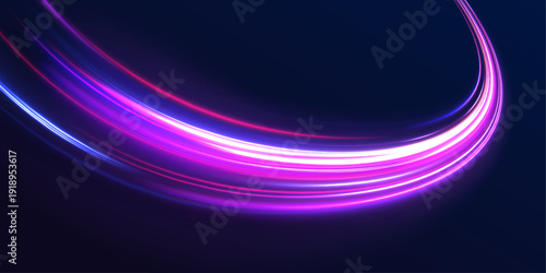 Neon light wave flows, electric trail, color line through a dark city road. Laser motion trail marks direction with strong speed and energy impulse. Futuristic traffic scene produced in vector.