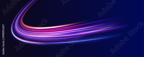 Laser energy line stretches across a night futuristic highway. Neon motion wave follows the road with visible speed direction. City traffic light trail composition rendered in vector.