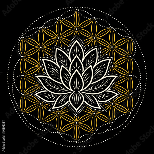 Blume des Lebens mit Lotus Mandala - Mystische Sacred Geometry Vektor Illustration