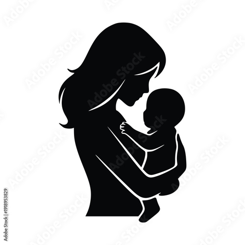 Simple black silhouette of a mother holding her baby surrounded by various geometric shapes and patterns on a clean white background creating a heartwarming scene.