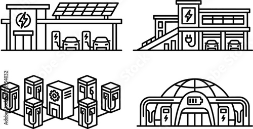 Electric vehicle charging station building line icon design