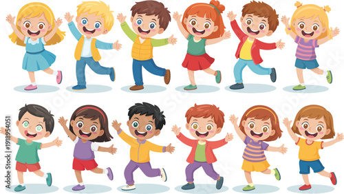Group of diverse children in joyful poses with bright colorful clothing in flat illustration style for childrens media.