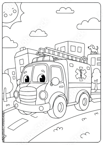 Firetruck coloring page for kids with a long ladder and a bright sunny road