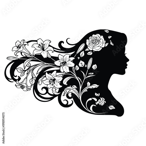 Elegant black silhouette of a woman adorned with beautiful white floral designs and flowing hair on a clean white background for decorative or symbolic purposes.
