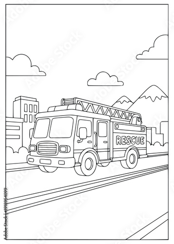 Firetruck coloring page for kids with a ladder and a stop sign on the road