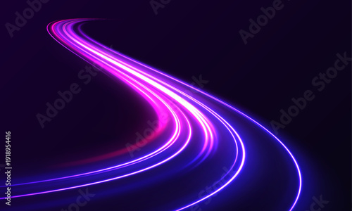 Neon laser lines ripple along a dark city highway. Light purple, blue motion trail shows speed and energy flow as traffic waves follow the road. Futuristic racing track scene rendered in vector.
