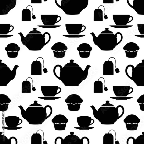 Seamless Tea Time Silhouette Pattern - Teapot and Cup Vector Background